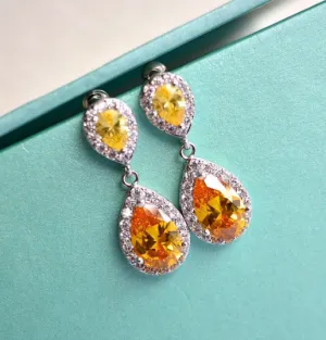 Citrine Topaz Teardrop Wedding Earrings, Sunflower Yellow CZ Crystal Drop Bridal Earrings, Yellow Wedding, Yellow Bridesmaid Earrings