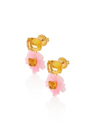Citrine with Carved Pink Quartzite Flower Drop Earrings