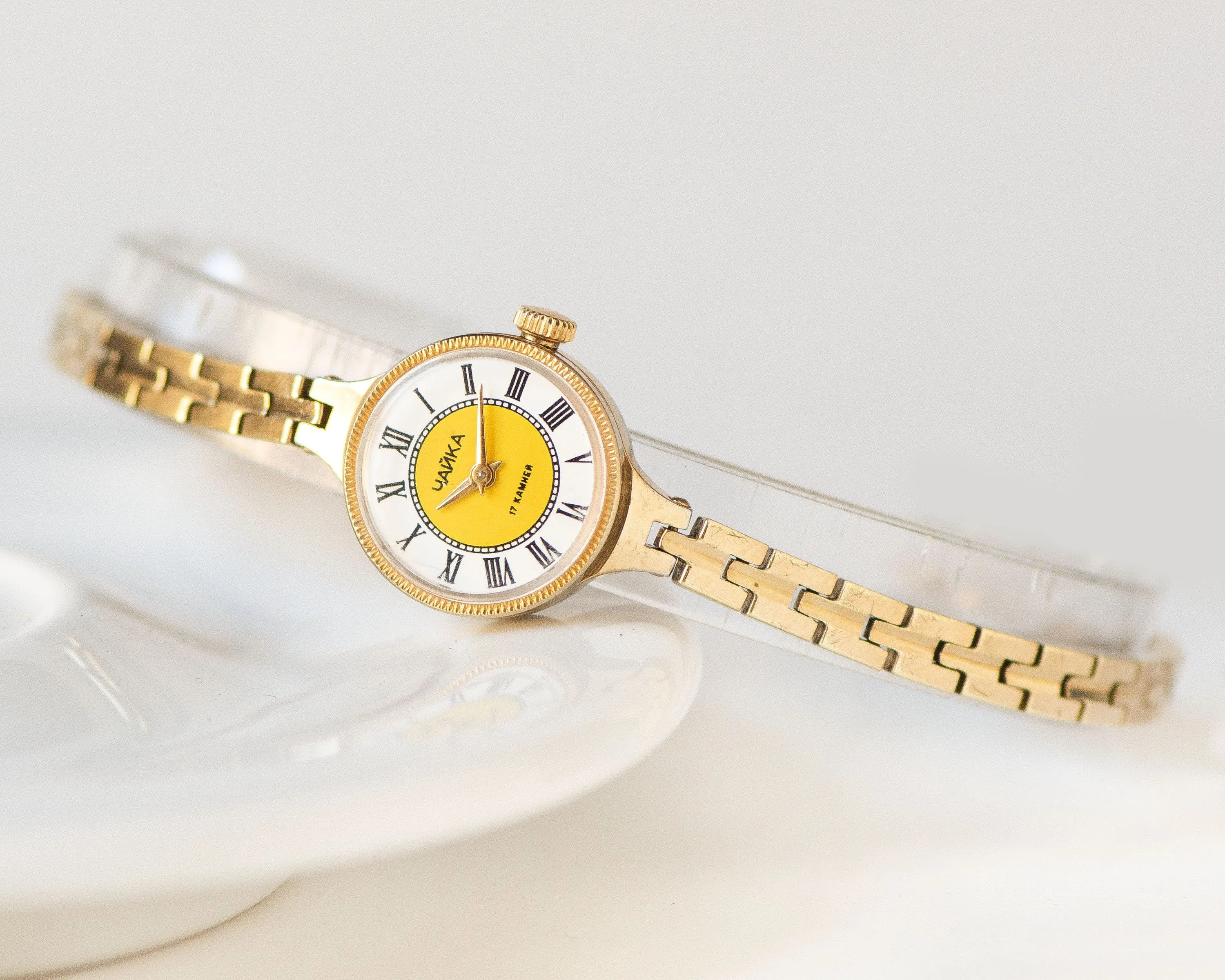Cocktail watch for woman small, gold plated watch Seagull, lady's wristwatch bracelet mechanical, yellow face watch gift, unique women watch