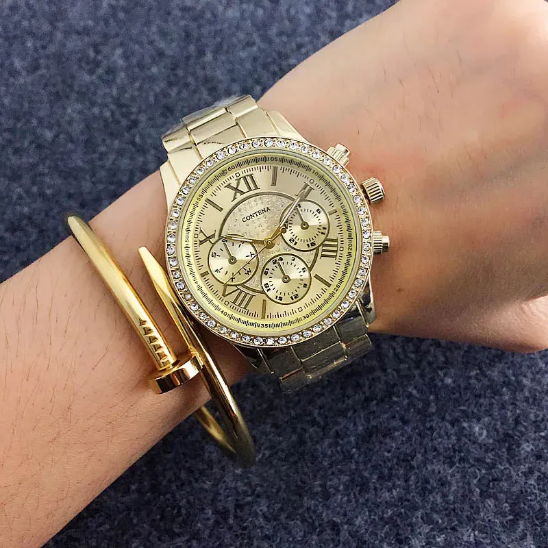 CONTENA Luxury Diamond Women Watches Rose Gold Stainless Steel Women'S Quartz Watch Clock Roman Relogio Feminino Zegarek Damski
