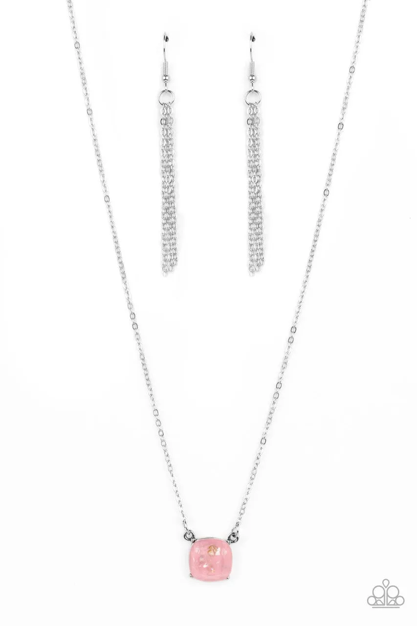 Coral Coasts - Pink - Seashell Flecked Square Cut Rhinestone Dainty Paparazzi Short Necklace