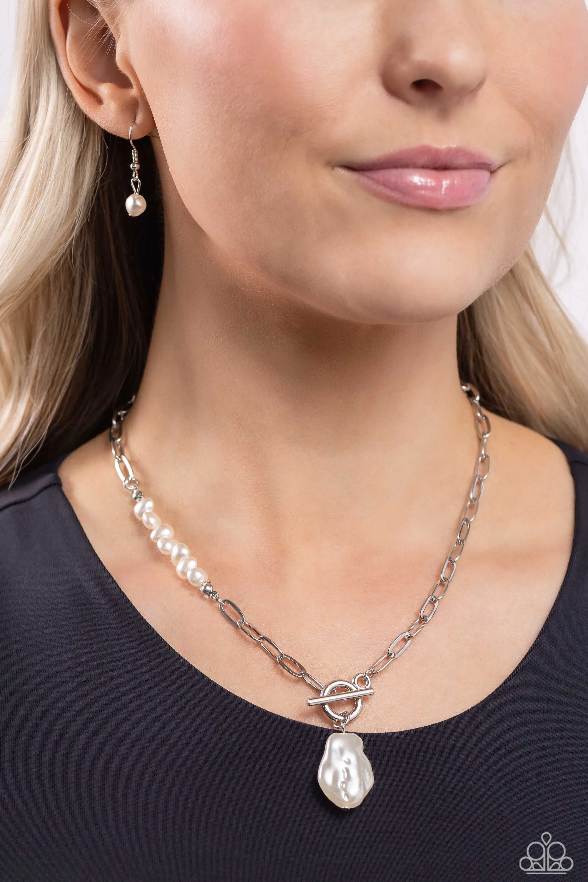 Courting Cosmopolitan - White - Oversized Baroque Pearl Paparazzi Short Toggle Necklace