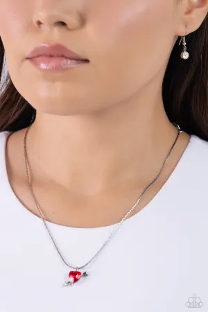 Courting Cupid - Red - Heart Gem Silver Arrow Paparazzi Short Necklace