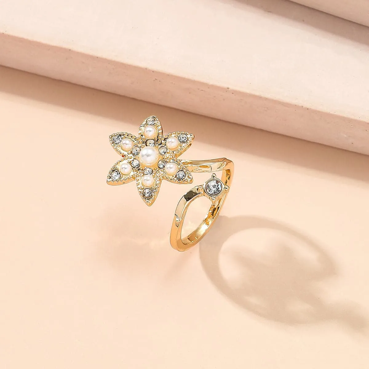 Cubic Zirconia & Pearl 18K Gold-Plated Floral Bypass Midi Ring