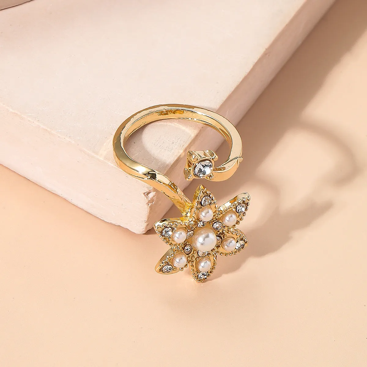 Cubic Zirconia & Pearl 18K Gold-Plated Floral Bypass Midi Ring