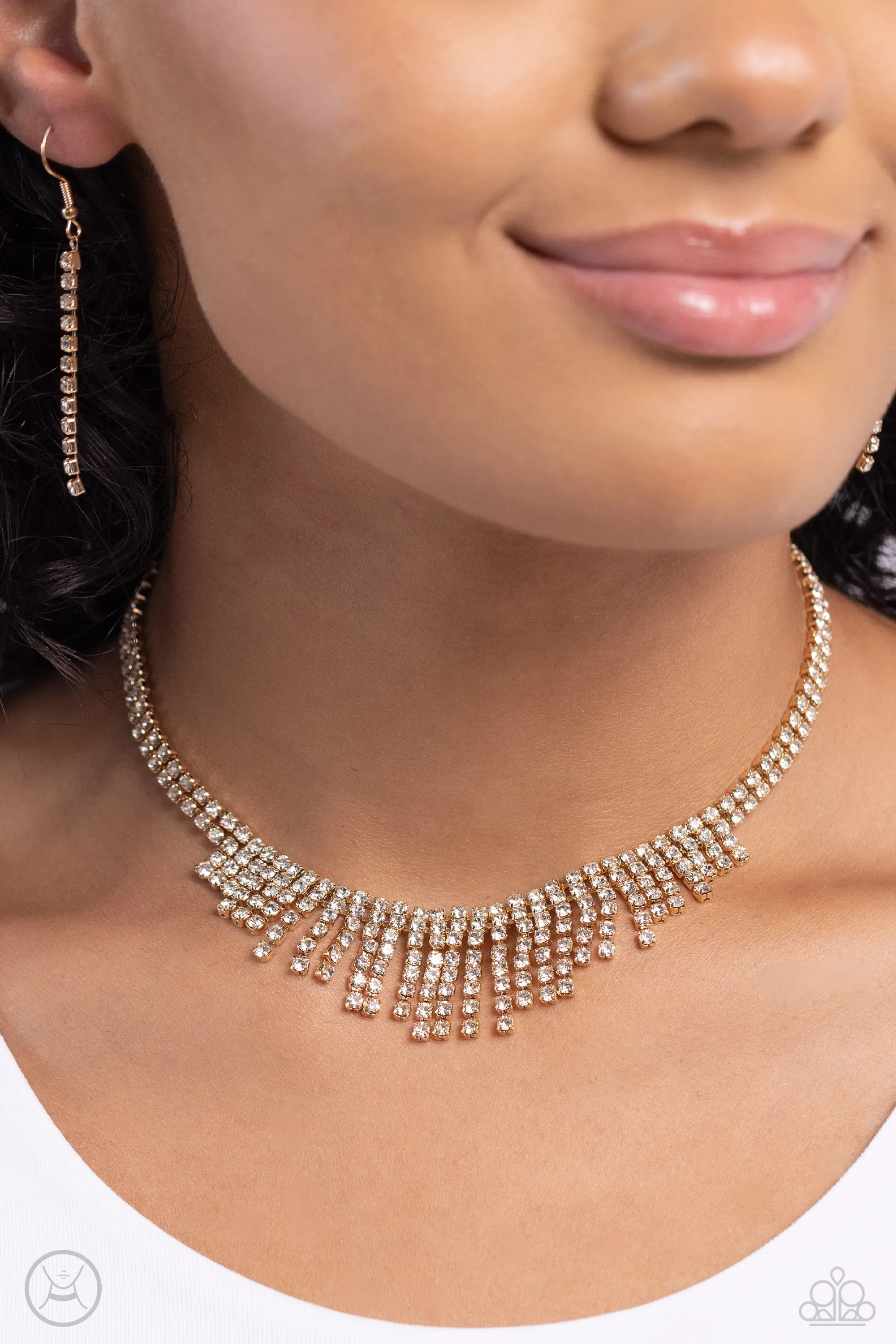 Daring Decadence - Gold - White Rhinestone Fringe Paparazzi Choker Necklace
