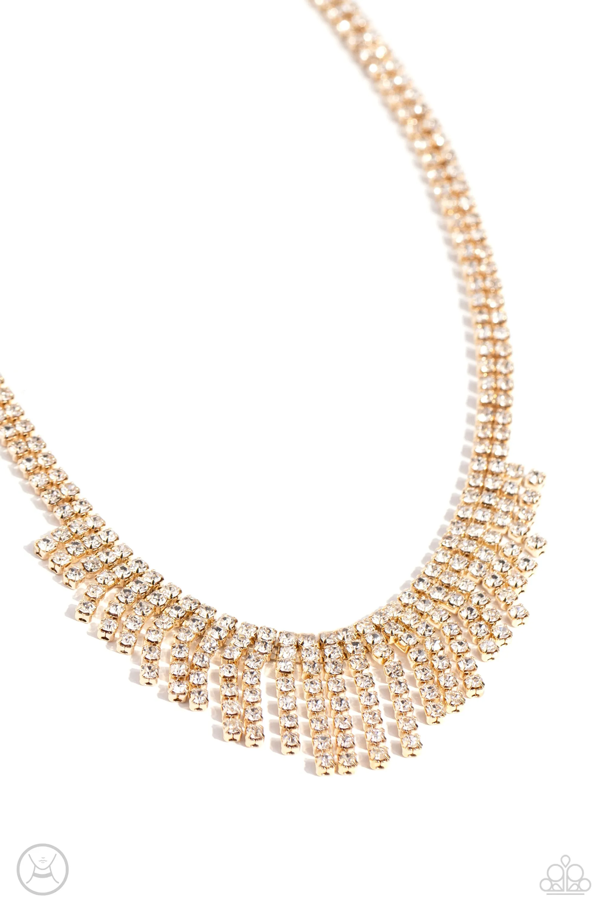 Daring Decadence - Gold - White Rhinestone Fringe Paparazzi Choker Necklace