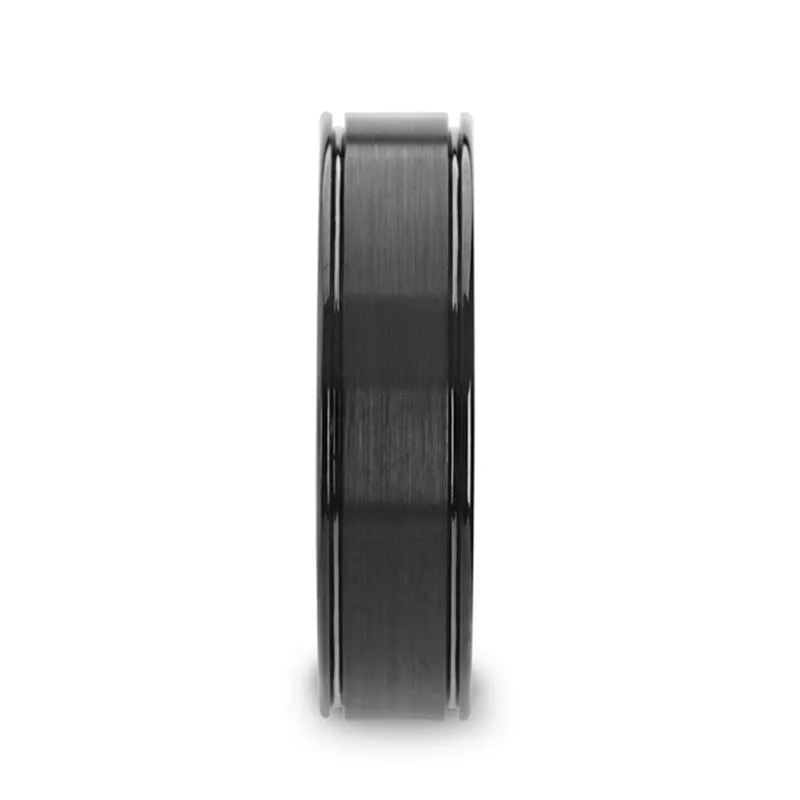DAVID | Black Ceramic Ring, Dual Offset Grooves, Flat