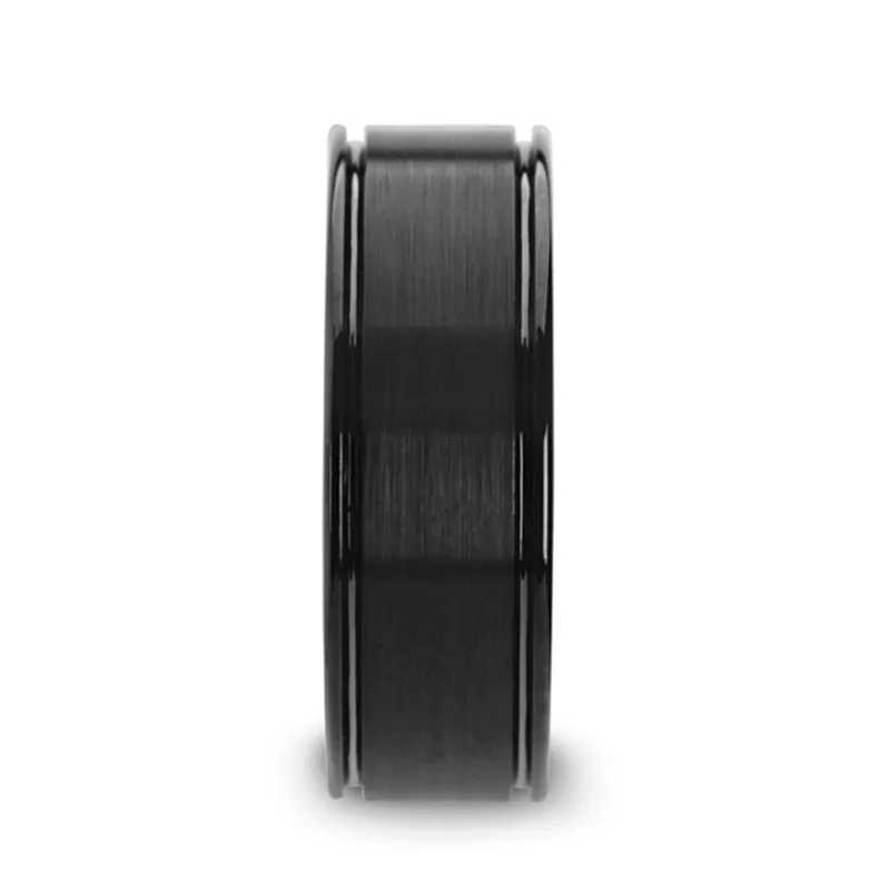 DAVID | Black Ceramic Ring, Dual Offset Grooves, Flat