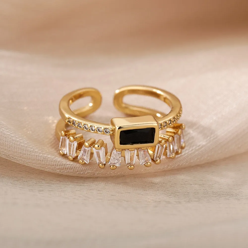 Double Layer Irregular Zircon Ring Polished Stainless Steel