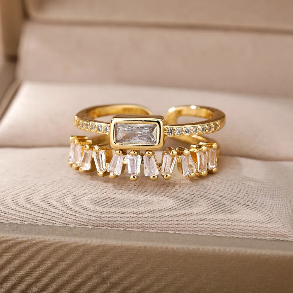 Double Layer Irregular Zircon Ring Polished Stainless Steel
