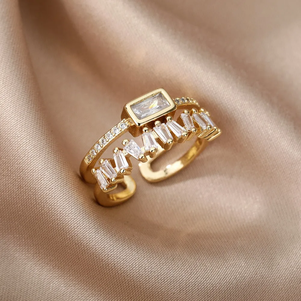 Double Layer Irregular Zircon Ring Polished Stainless Steel
