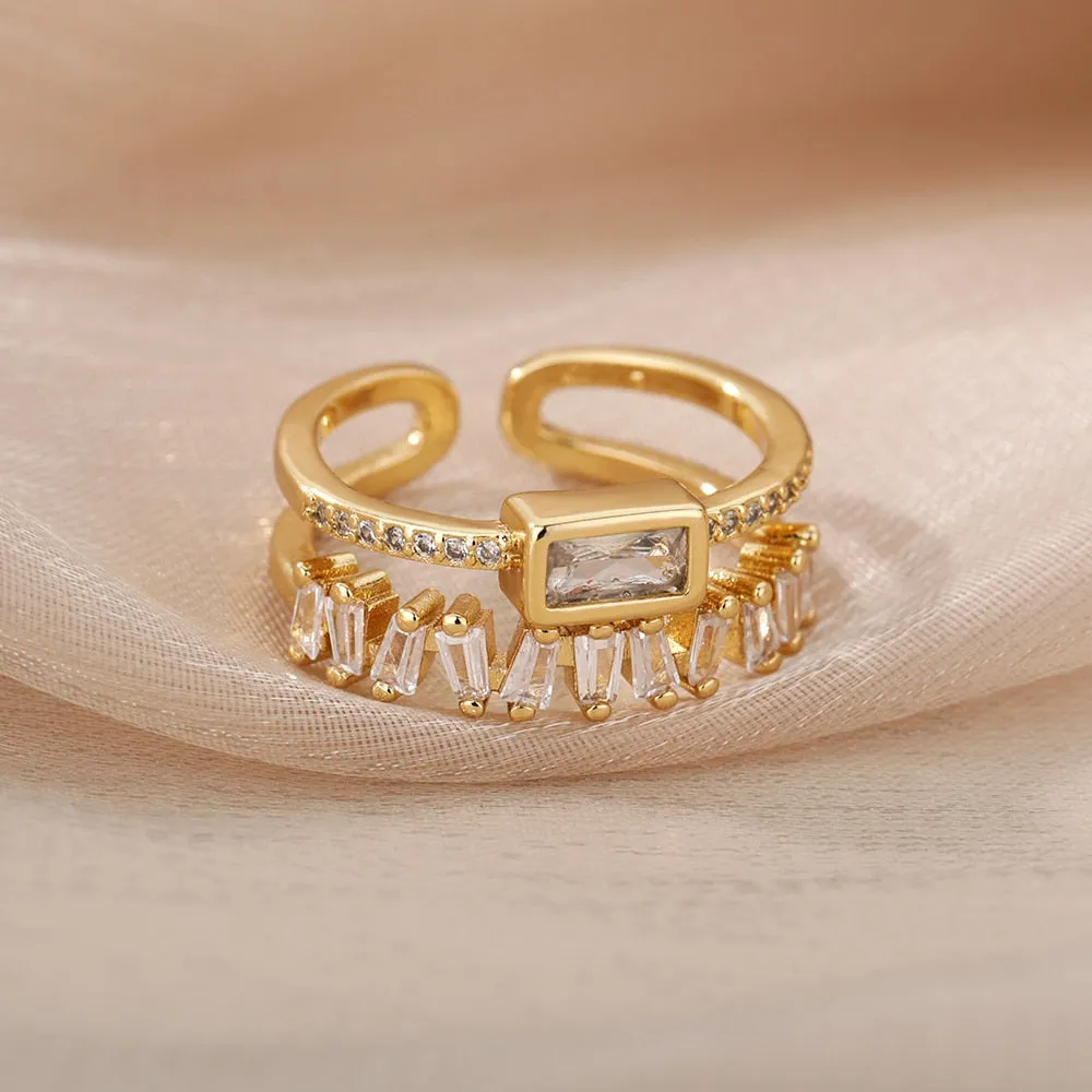 Double Layer Irregular Zircon Ring Polished Stainless Steel