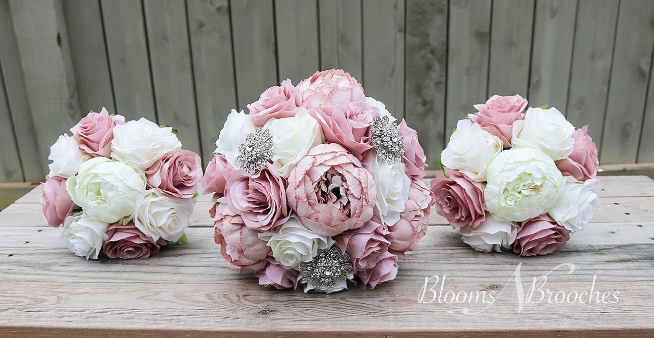 Dusty Rose and Ivory Wedding Bouquet, Wedding Flowers, Bridesmaid Bouquets, Corsage, bridal Flower Package
