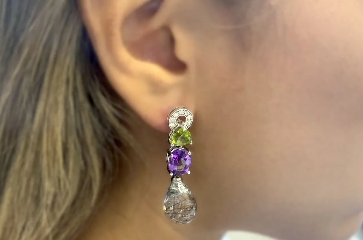 Earrings 14kt Gold Amethyst Peridot Quartz & Diamonds