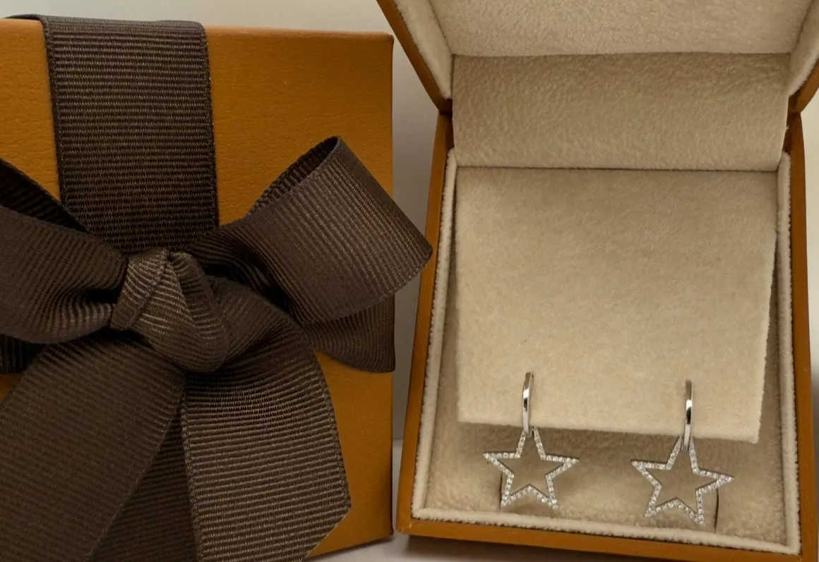 Earrings 14kt White Gold Huggies Star & Diamonds Drop
