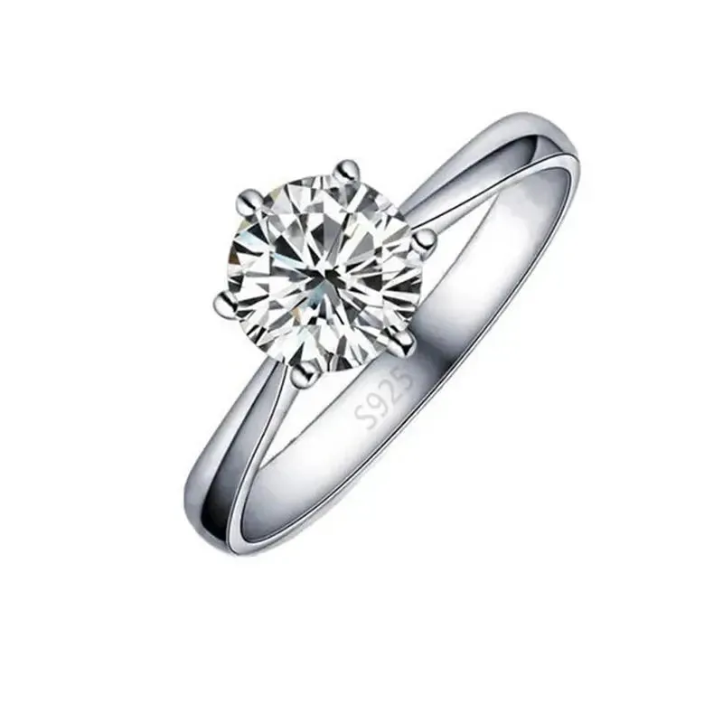 Elegant Classic Real 925 Sterling Silver Finger Rings Jewelry Crystal Cubic Zircons 6 Claws Women Engagement / Wedding Ring