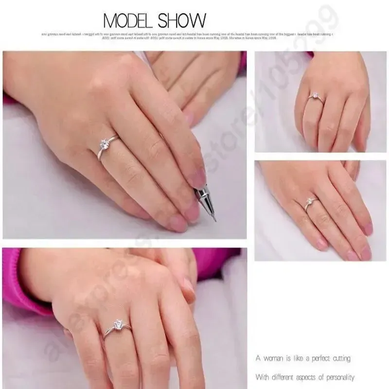Elegant Classic Real 925 Sterling Silver Finger Rings Jewelry Crystal Cubic Zircons 6 Claws Women Engagement / Wedding Ring