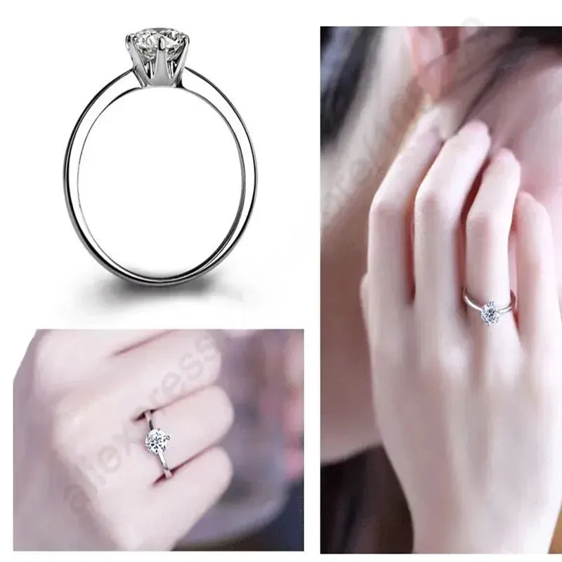 Elegant Classic Real 925 Sterling Silver Finger Rings Jewelry Crystal Cubic Zircons 6 Claws Women Engagement / Wedding Ring