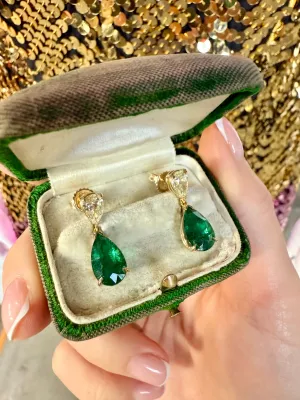 Emerald & Diamond Drop Earrings, 14k