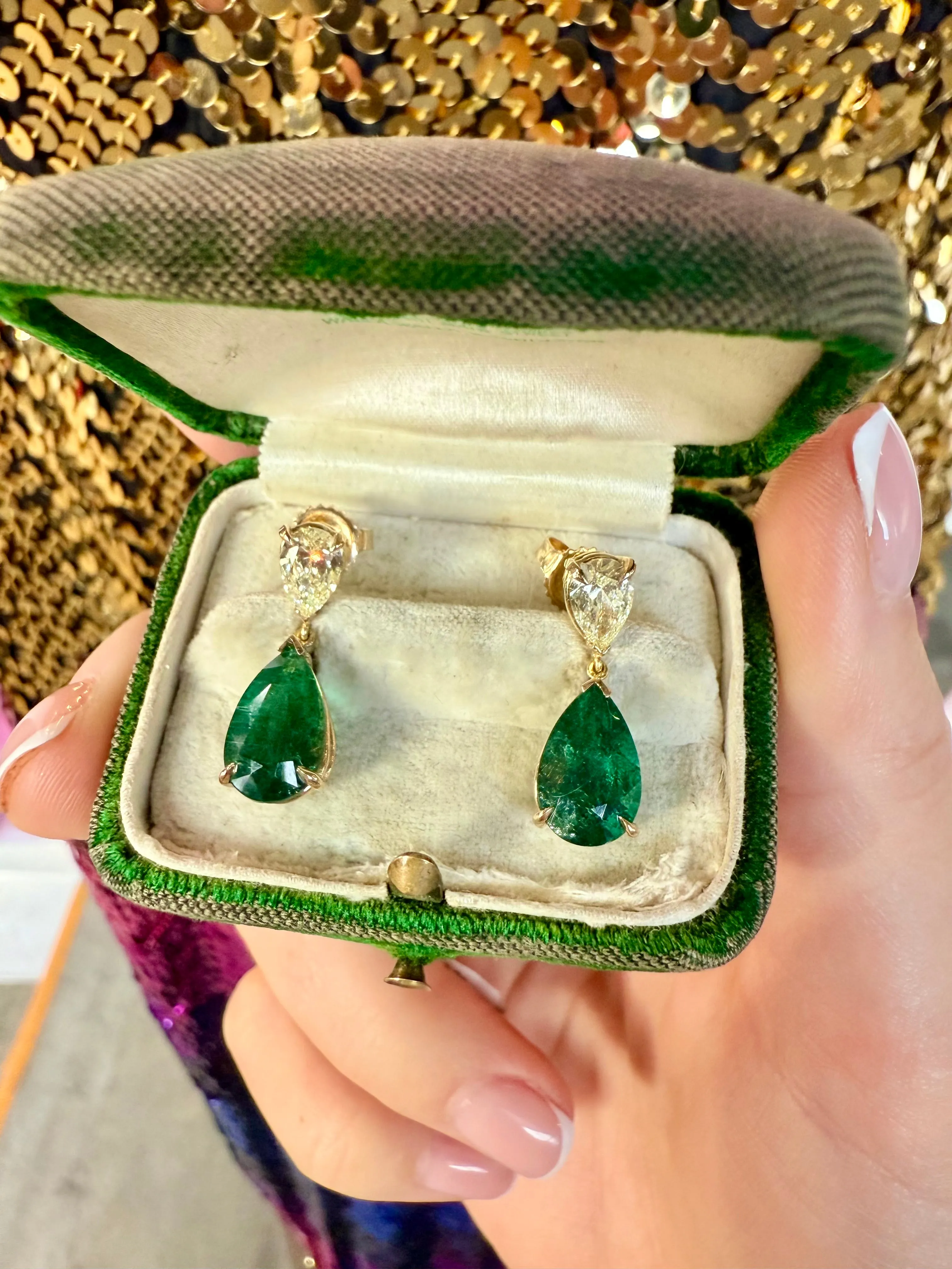 Emerald & Diamond Drop Earrings, 14k