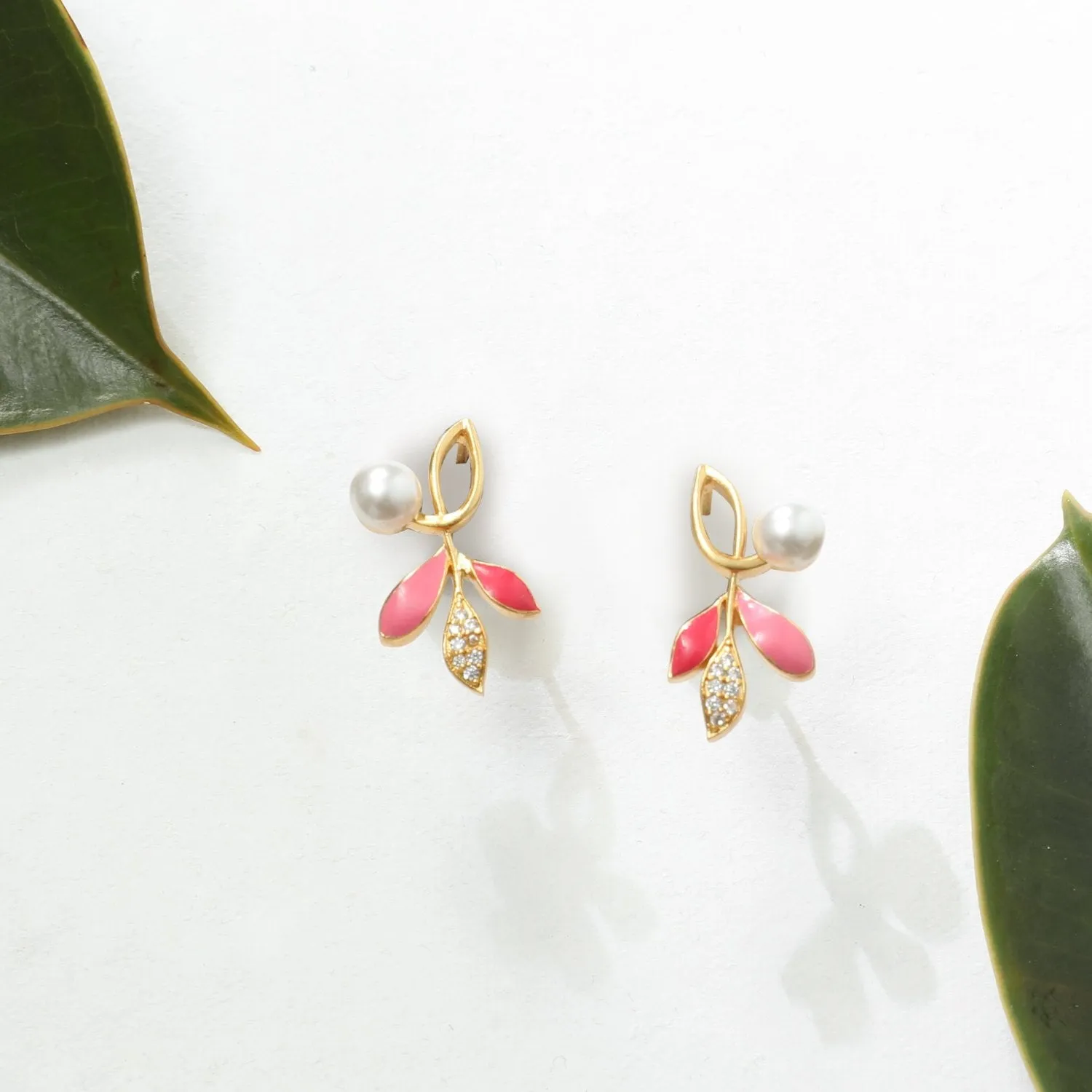 Eriha Pearl Statement Pink Leaf Stud Earrings