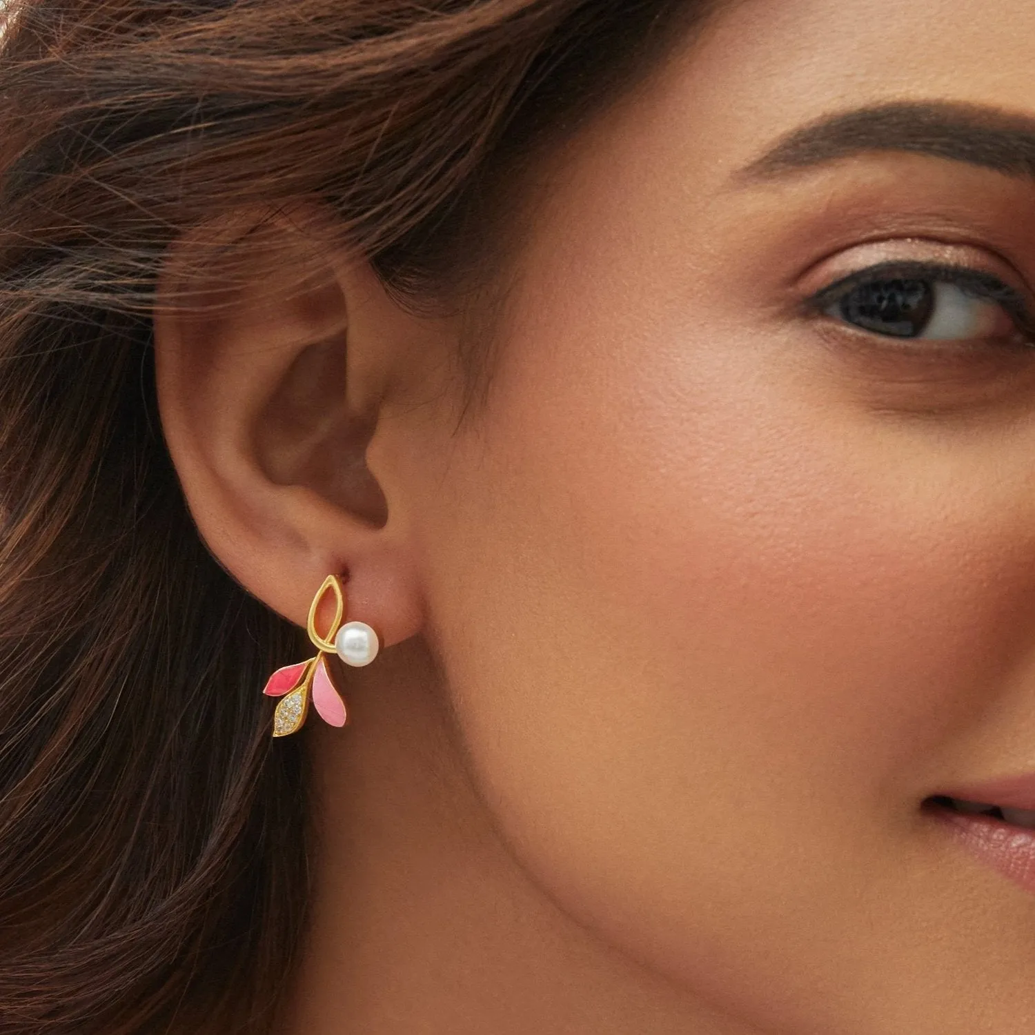 Eriha Pearl Statement Pink Leaf Stud Earrings
