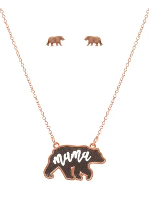 ES1637 - LEATHER BEAR METAL CHAIN PENDANT NECKLACE AND EARRING SET