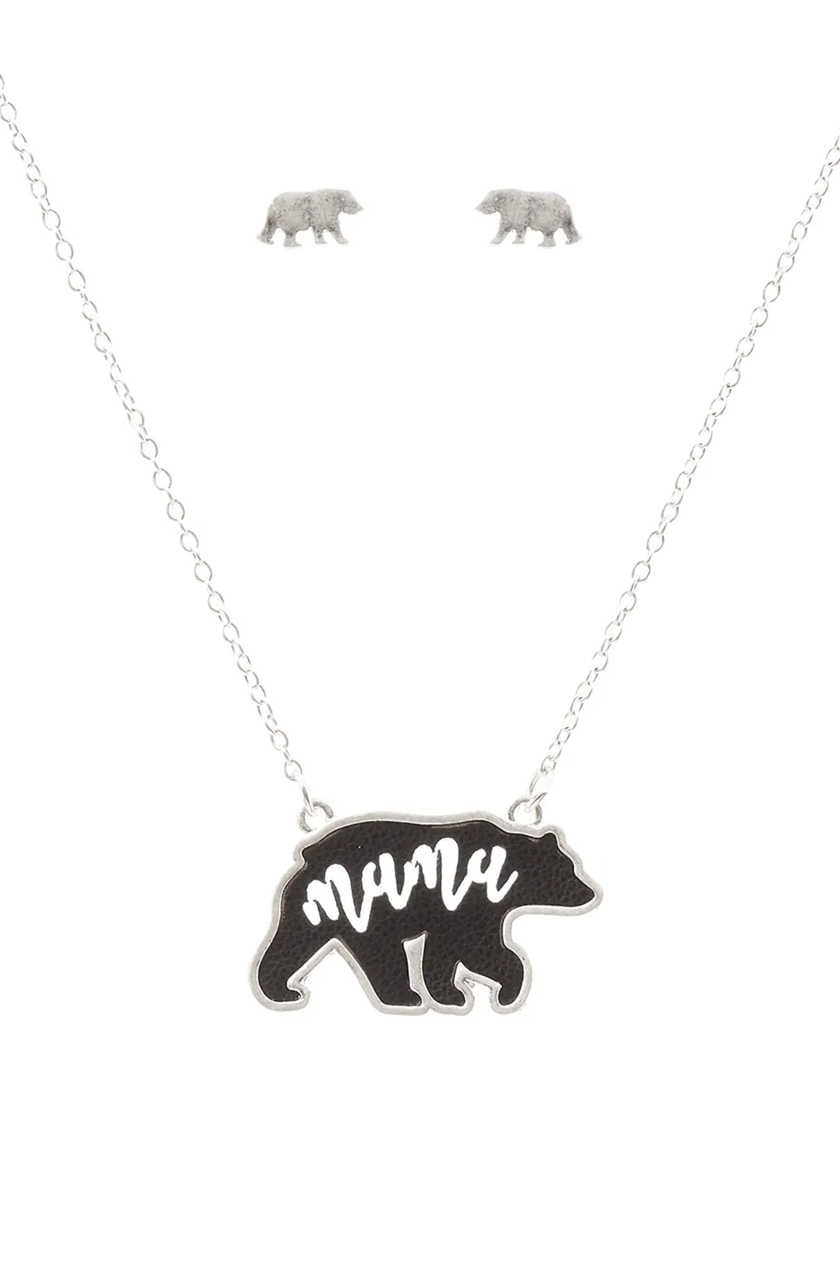 ES1637 - LEATHER BEAR METAL CHAIN PENDANT NECKLACE AND EARRING SET