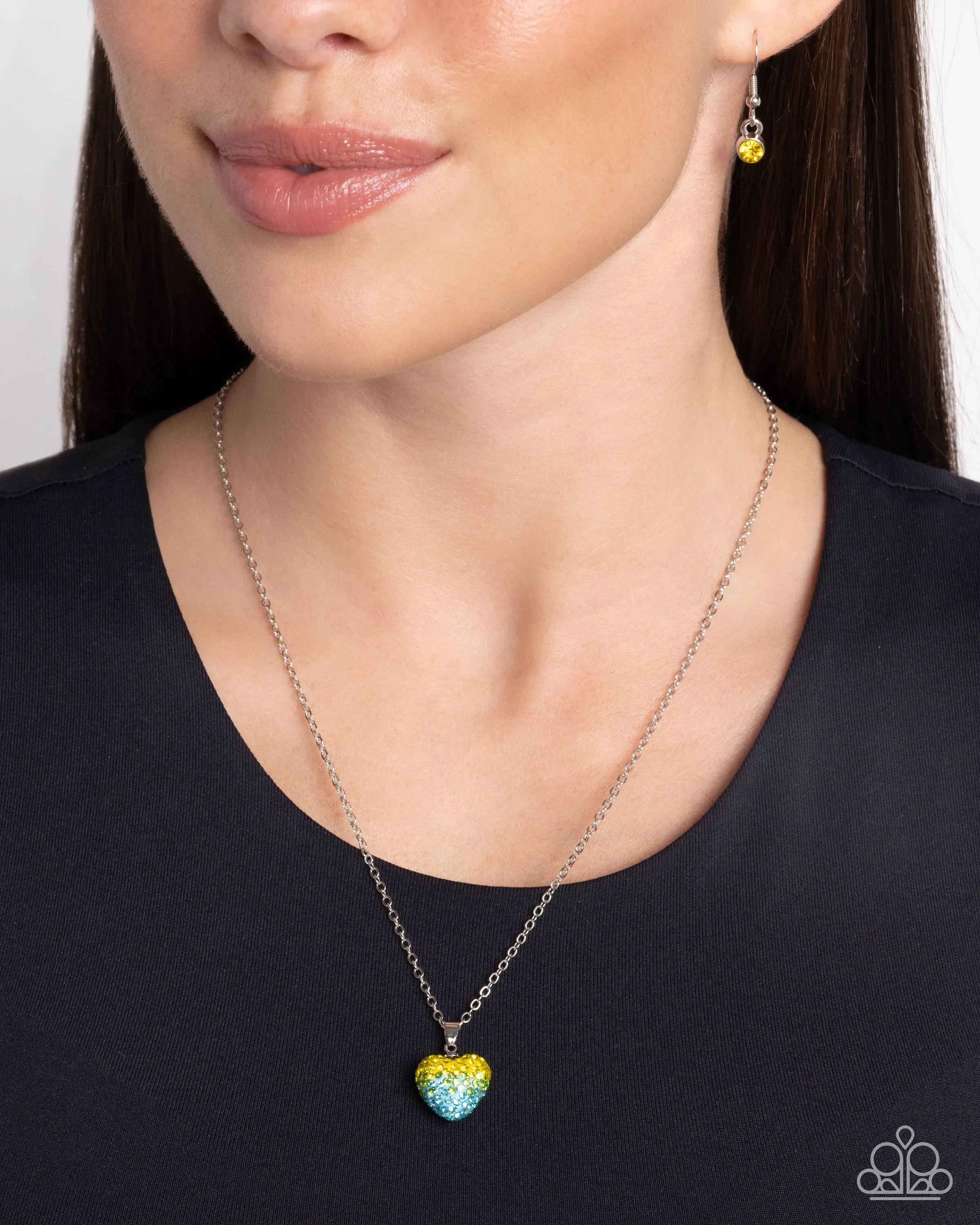 Esteemed Empire - Yellow - Blue, and Green Ombre Rhinestone Heart Paparazzi Short Necklace