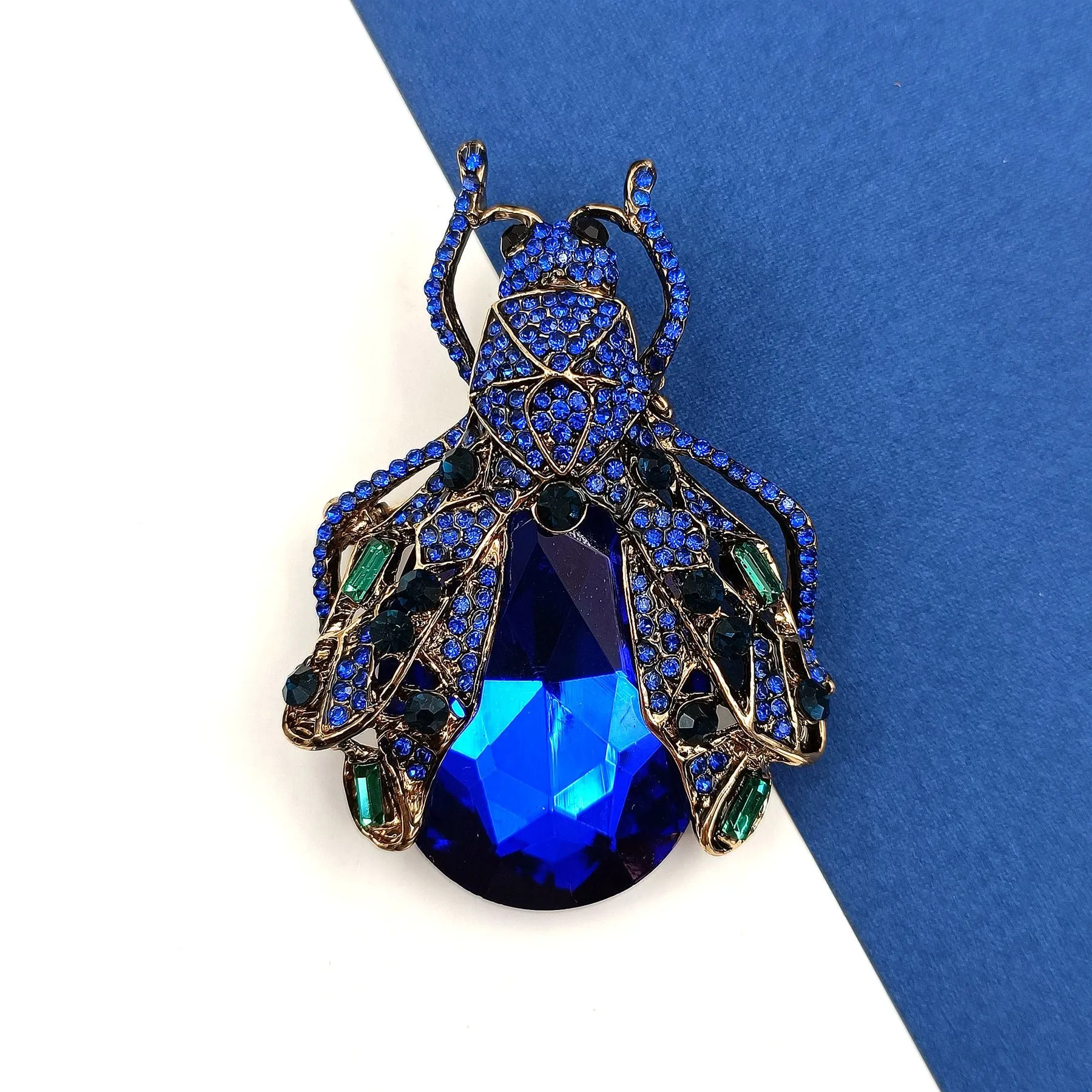 Fabulous Big Blue Fly Beetle Brooch Bug Pin Rhinestone Insect Jewelry