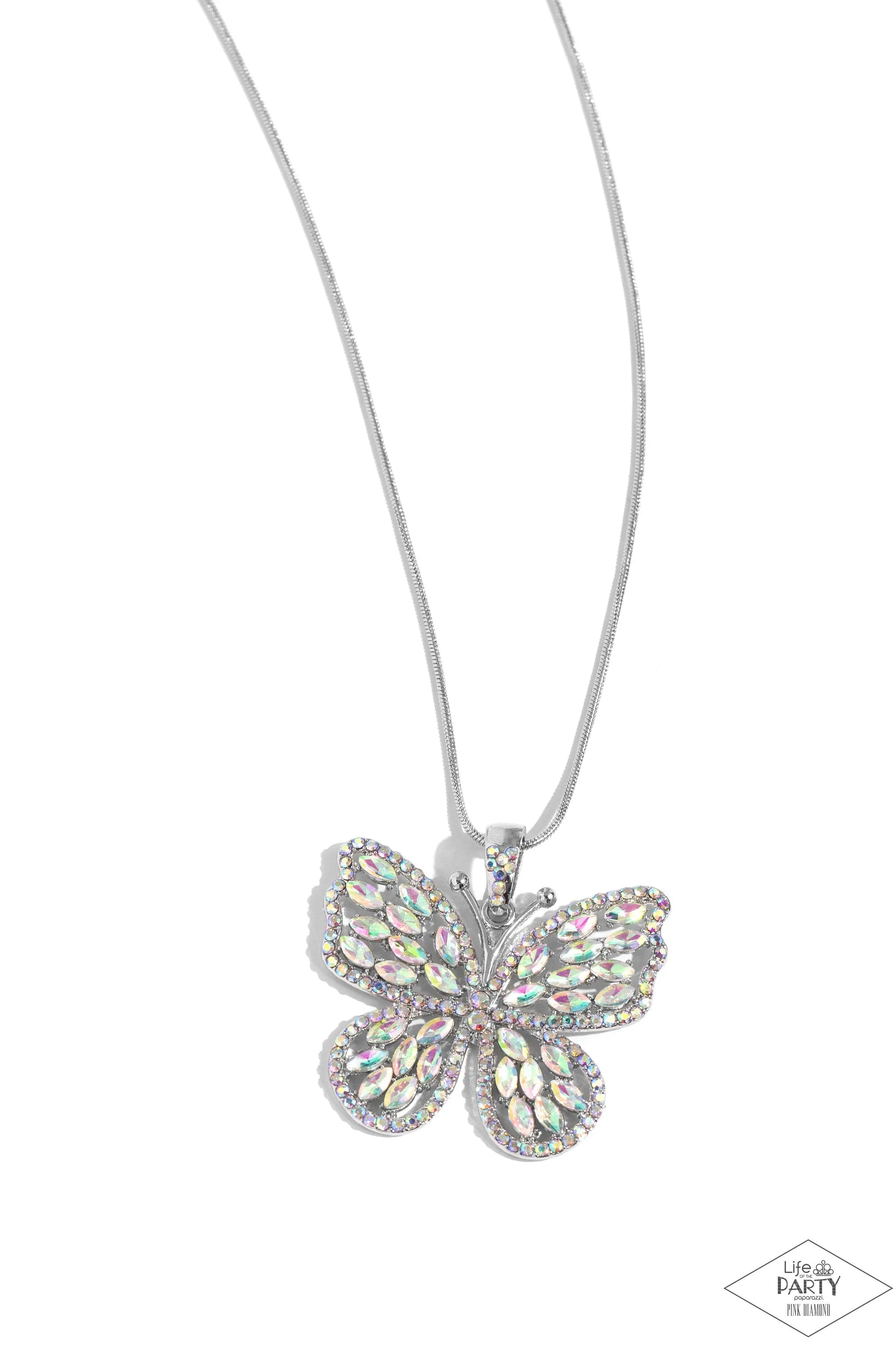 Fame and FLUTTER - Multi - Iridescent Rhinestone Butterfly Paparazzi Short Necklace - Pink Diamond Exclusive