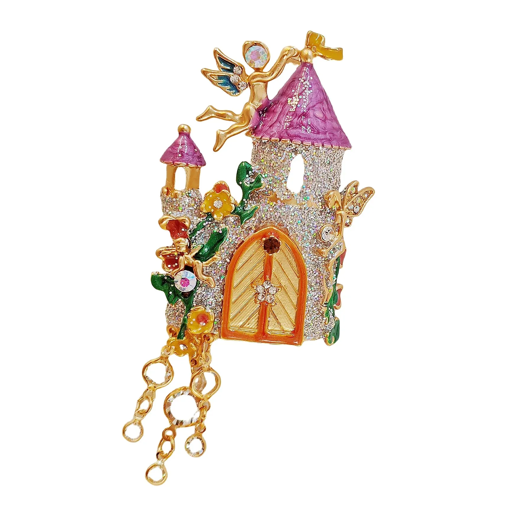 Fantastic Angles and Sequins Enamel Fairy Castle Brooch with Tassel Drop
