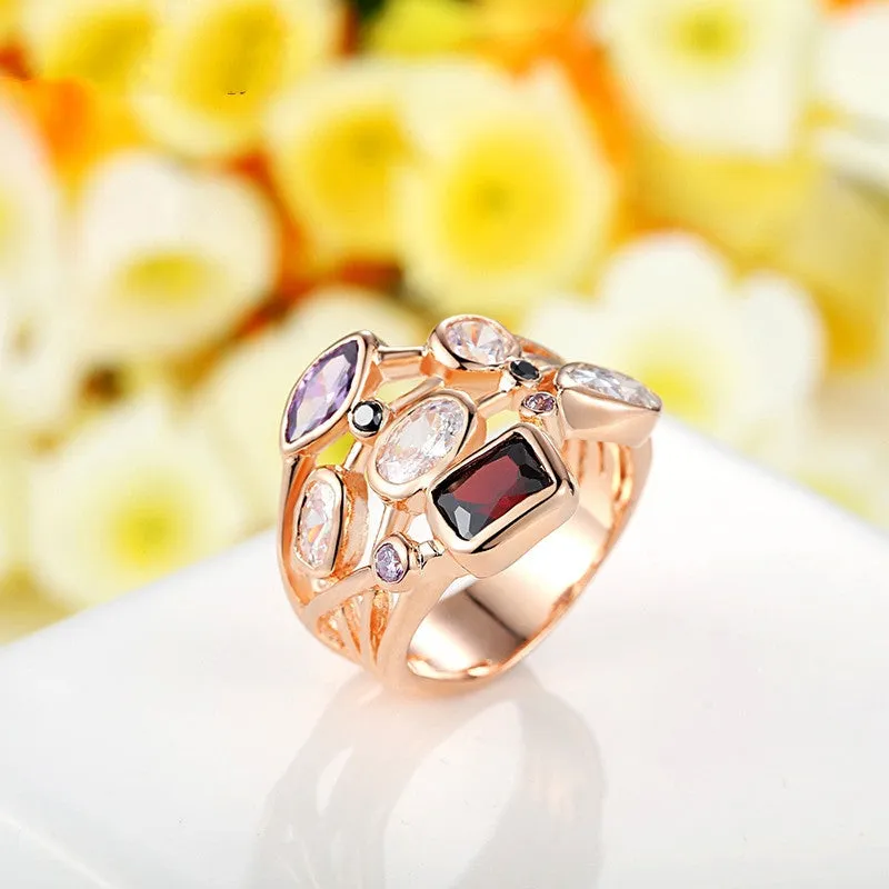Fashion 18K Rose Gold Plated Finger Ring for Women Ladies with AAA Multicolor Cubic Zircon Anniversary Jewelry Gift