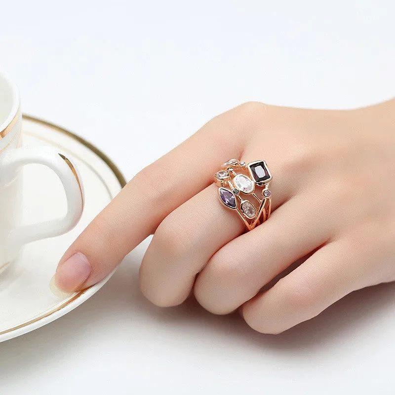 Fashion 18K Rose Gold Plated Finger Ring for Women Ladies with AAA Multicolor Cubic Zircon Anniversary Jewelry Gift
