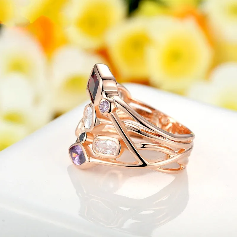Fashion 18K Rose Gold Plated Finger Ring for Women Ladies with AAA Multicolor Cubic Zircon Anniversary Jewelry Gift