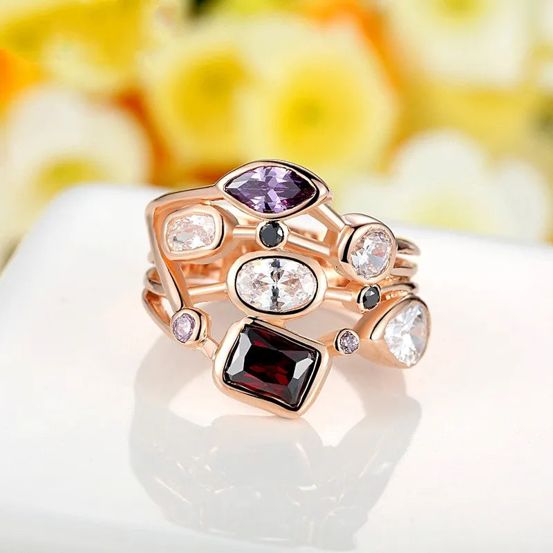 Fashion 18K Rose Gold Plated Finger Ring for Women Ladies with AAA Multicolor Cubic Zircon Anniversary Jewelry Gift