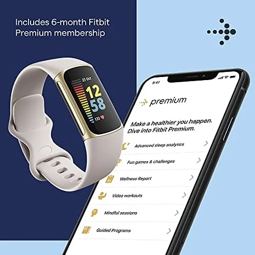 Fitbit Charge 5 Advanced Fitness & Health Tracker with Built-in GPS, Stress Management Tools, Sleep Tracking, 24/7 Heart Rate and More, Lunar White/Soft Gold, One Size (S &L Bands Included)