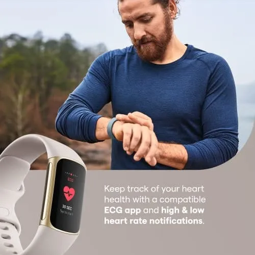 Fitbit Charge 5 Advanced Fitness & Health Tracker with Built-in GPS, Stress Management Tools, Sleep Tracking, 24/7 Heart Rate and More, Lunar White/Soft Gold, One Size (S &L Bands Included)