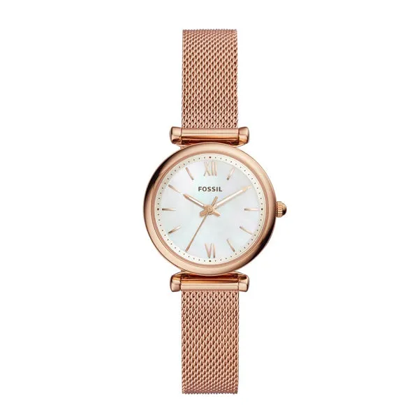 Fossil Carlie Rose Gold Mesh Bracelet Silver Dial Quartz Watch for Ladies - ES4433
