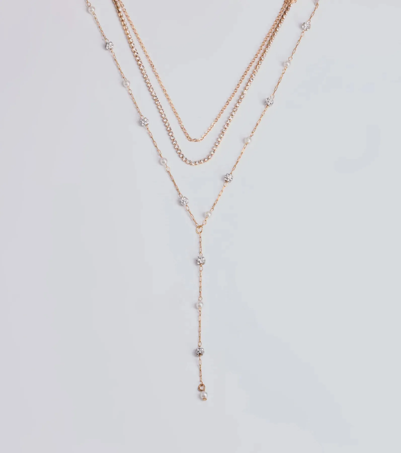 Glam Moment Rhinestone and Faux Pearl Lariat Necklace Set