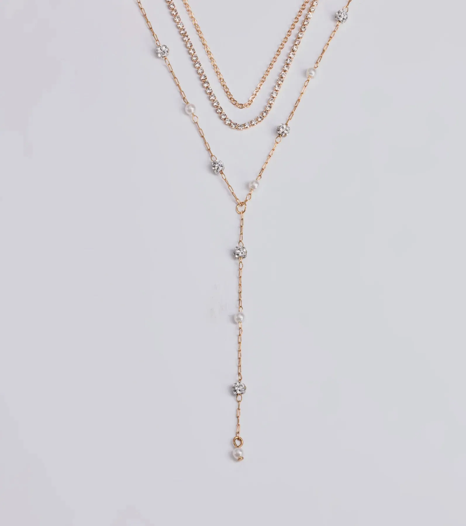 Glam Moment Rhinestone and Faux Pearl Lariat Necklace Set