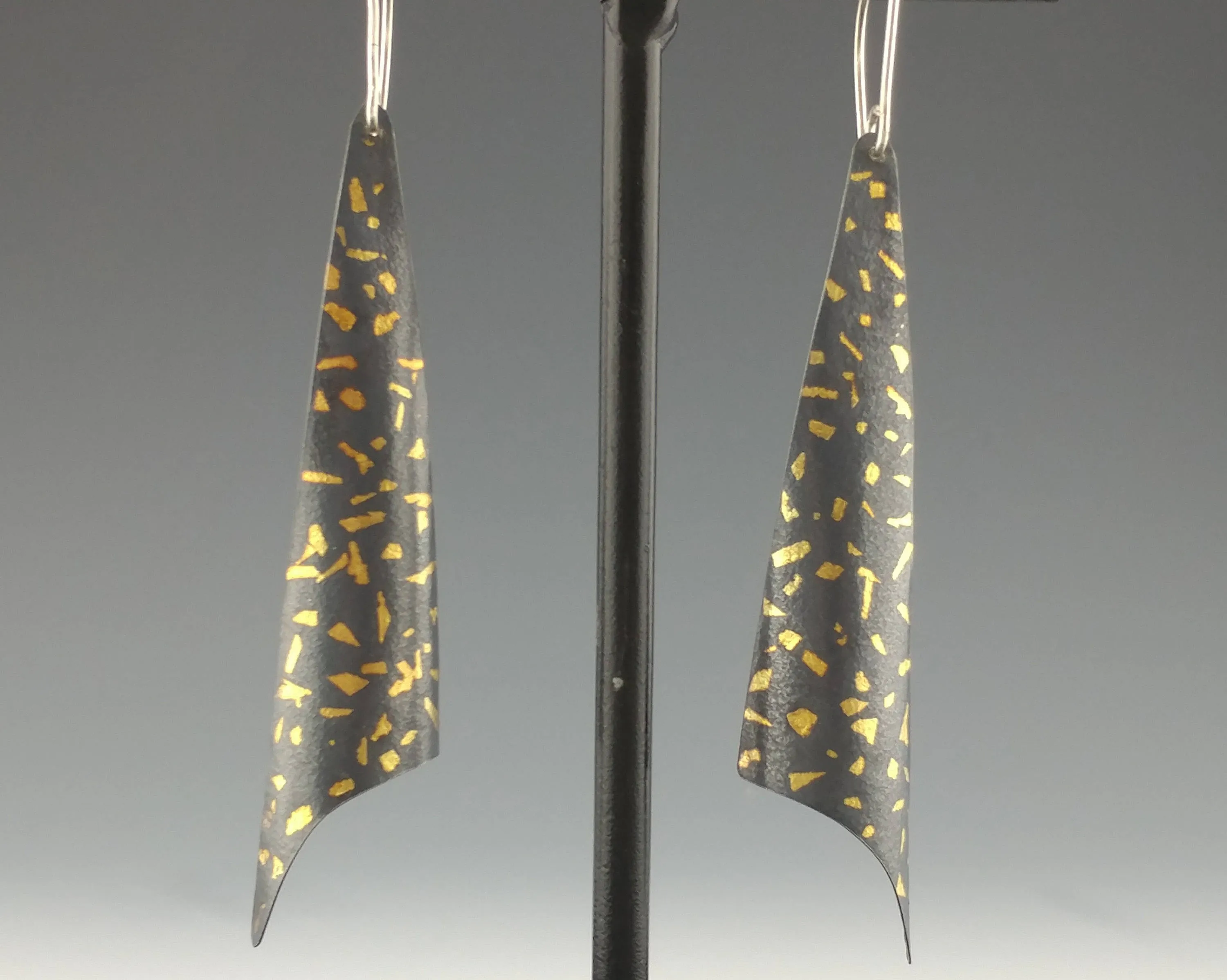 Gold and Black Statement Earrings, Sterling Silver, 24 karat Keum Boo, Black Patina, Kinetic Earrings, Statement Earrings