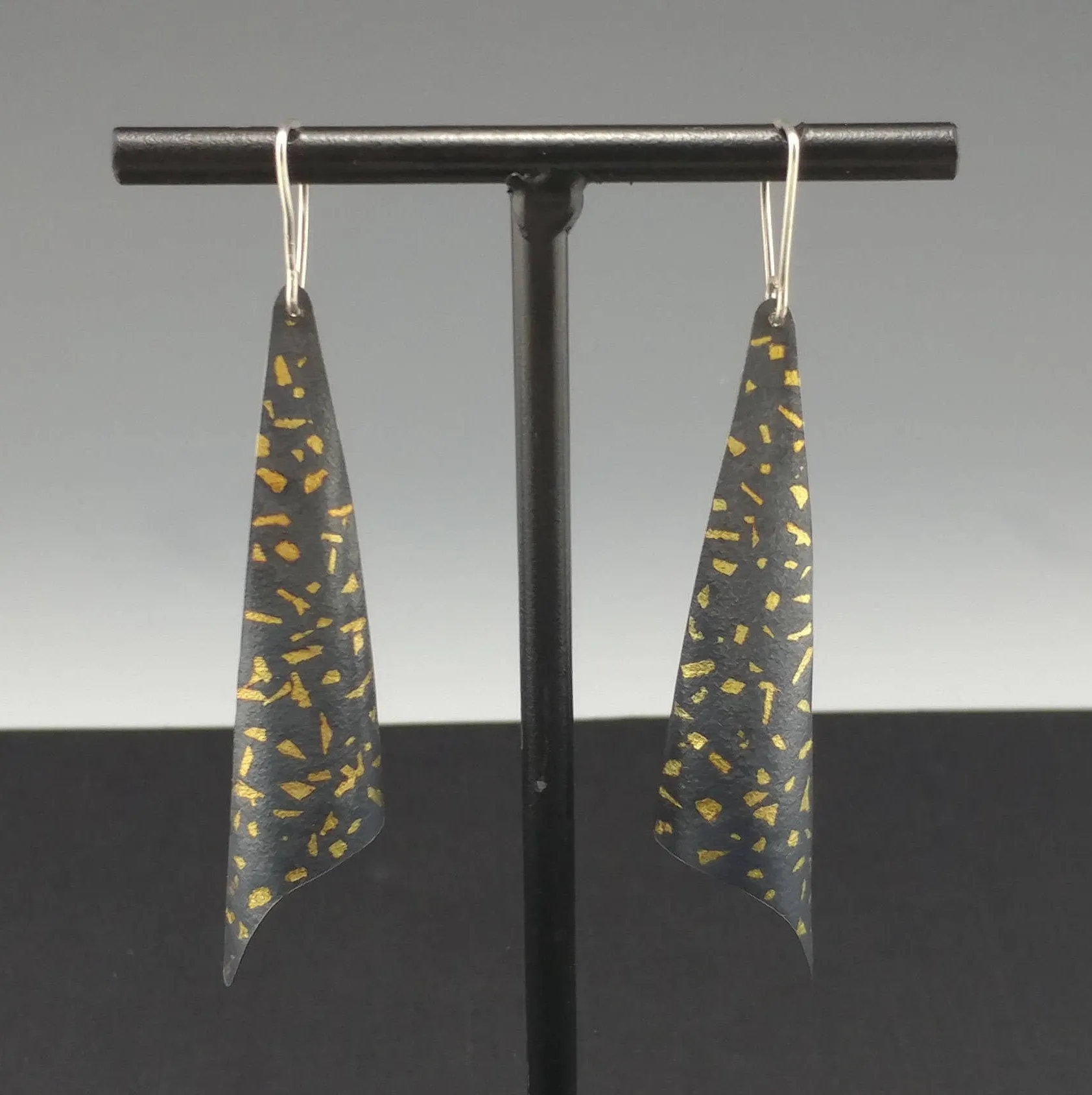 Gold and Black Statement Earrings, Sterling Silver, 24 karat Keum Boo, Black Patina, Kinetic Earrings, Statement Earrings