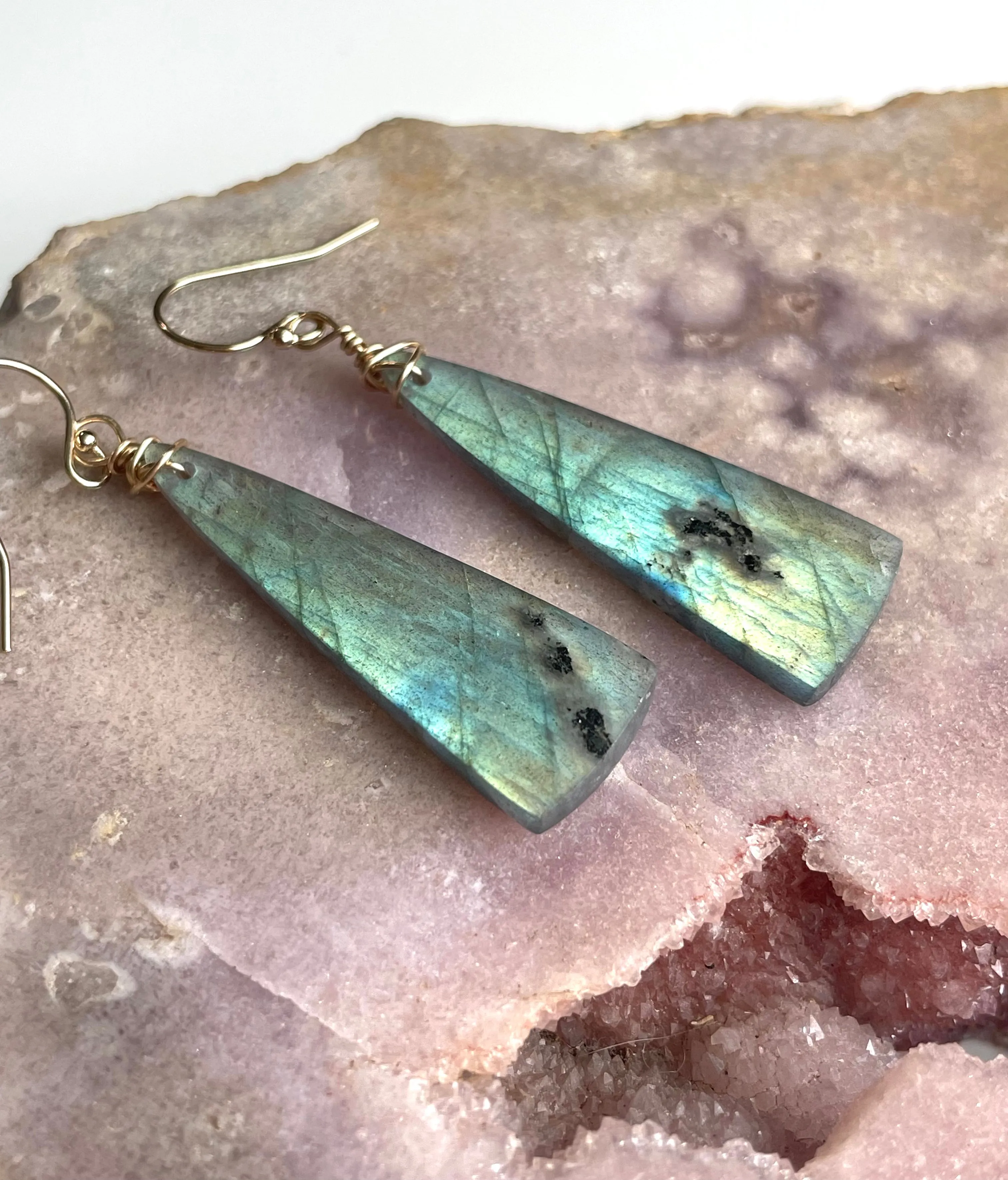 Gold Labradorite Dangle Drop Crystal Earrings