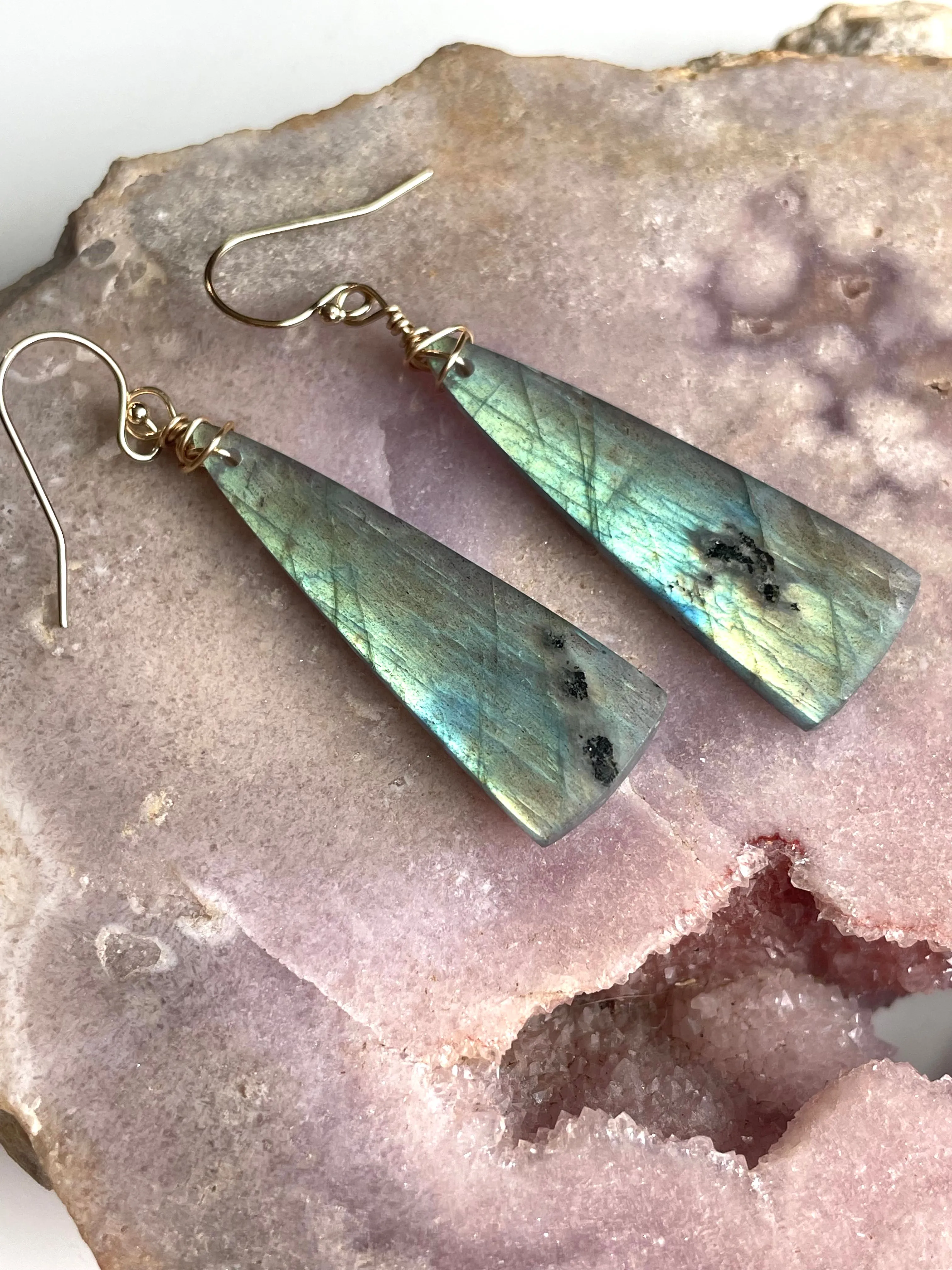 Gold Labradorite Dangle Drop Crystal Earrings