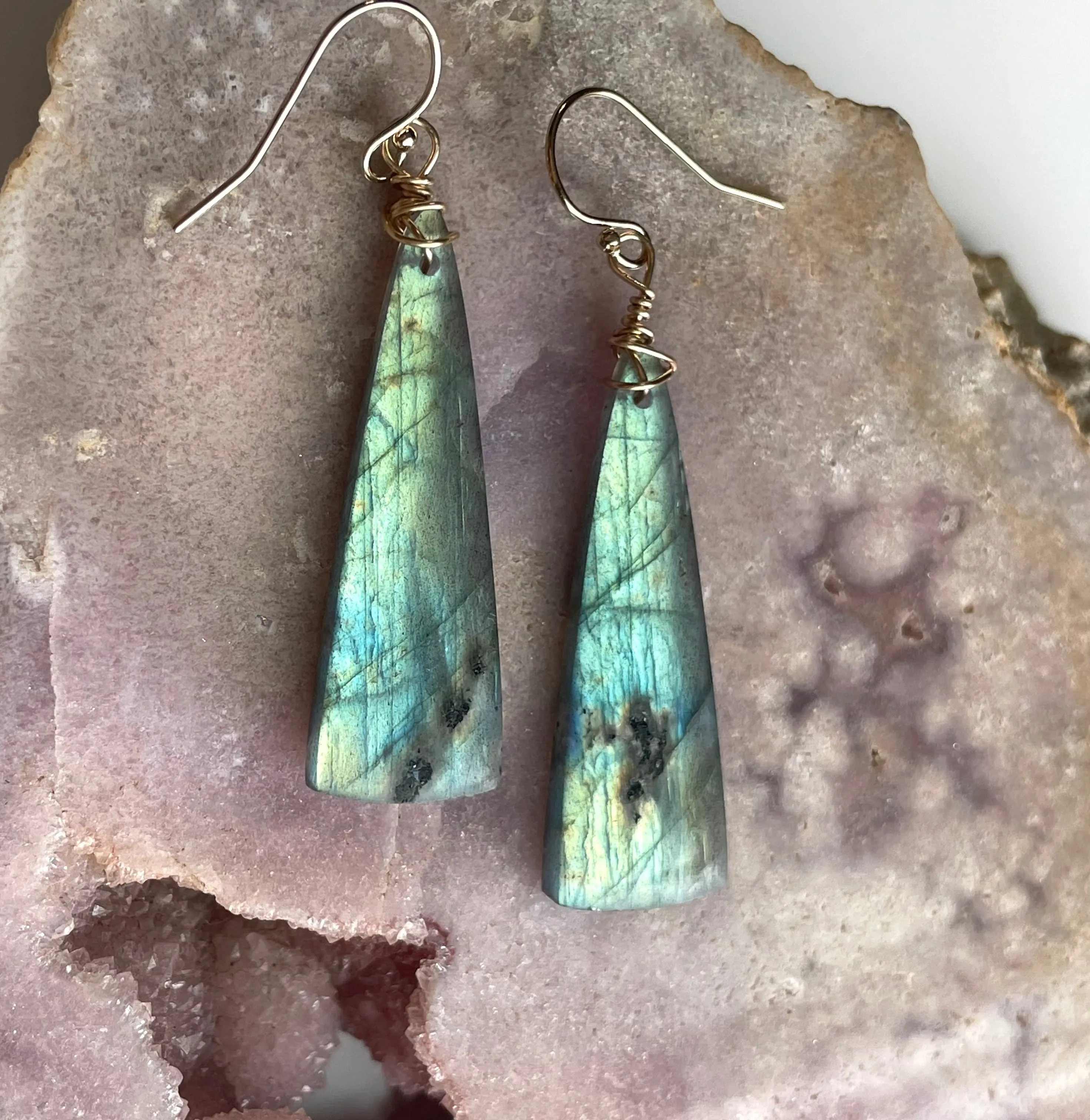 Gold Labradorite Dangle Drop Crystal Earrings