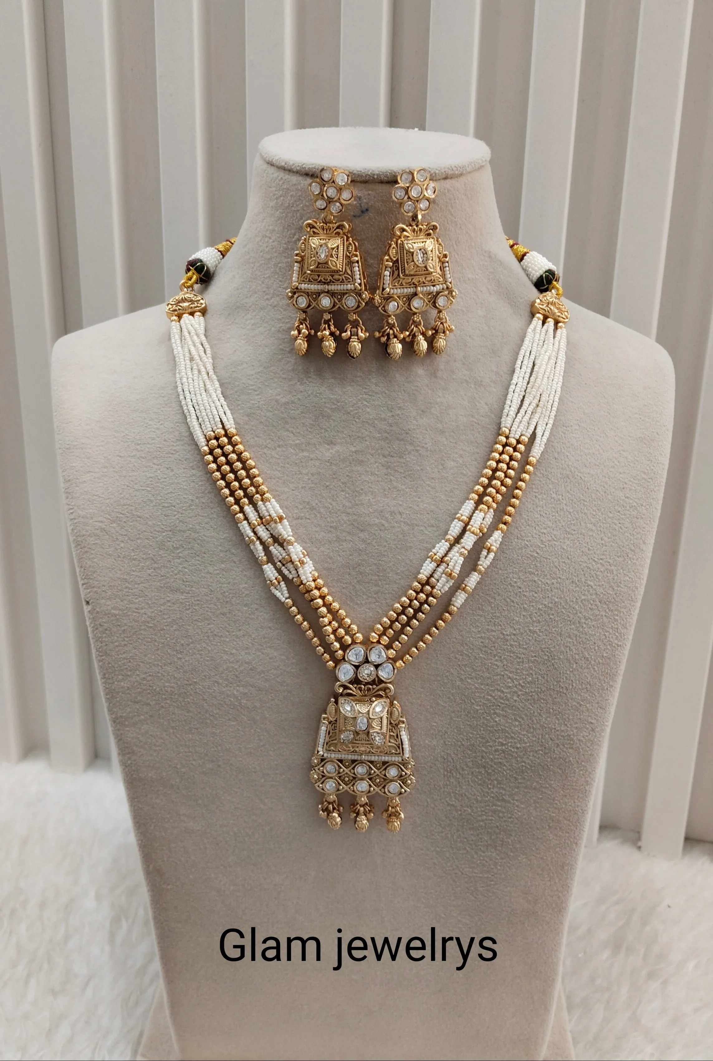 Gold Polki Long Rani Haar Necklace Indian Jewellery Inder Set