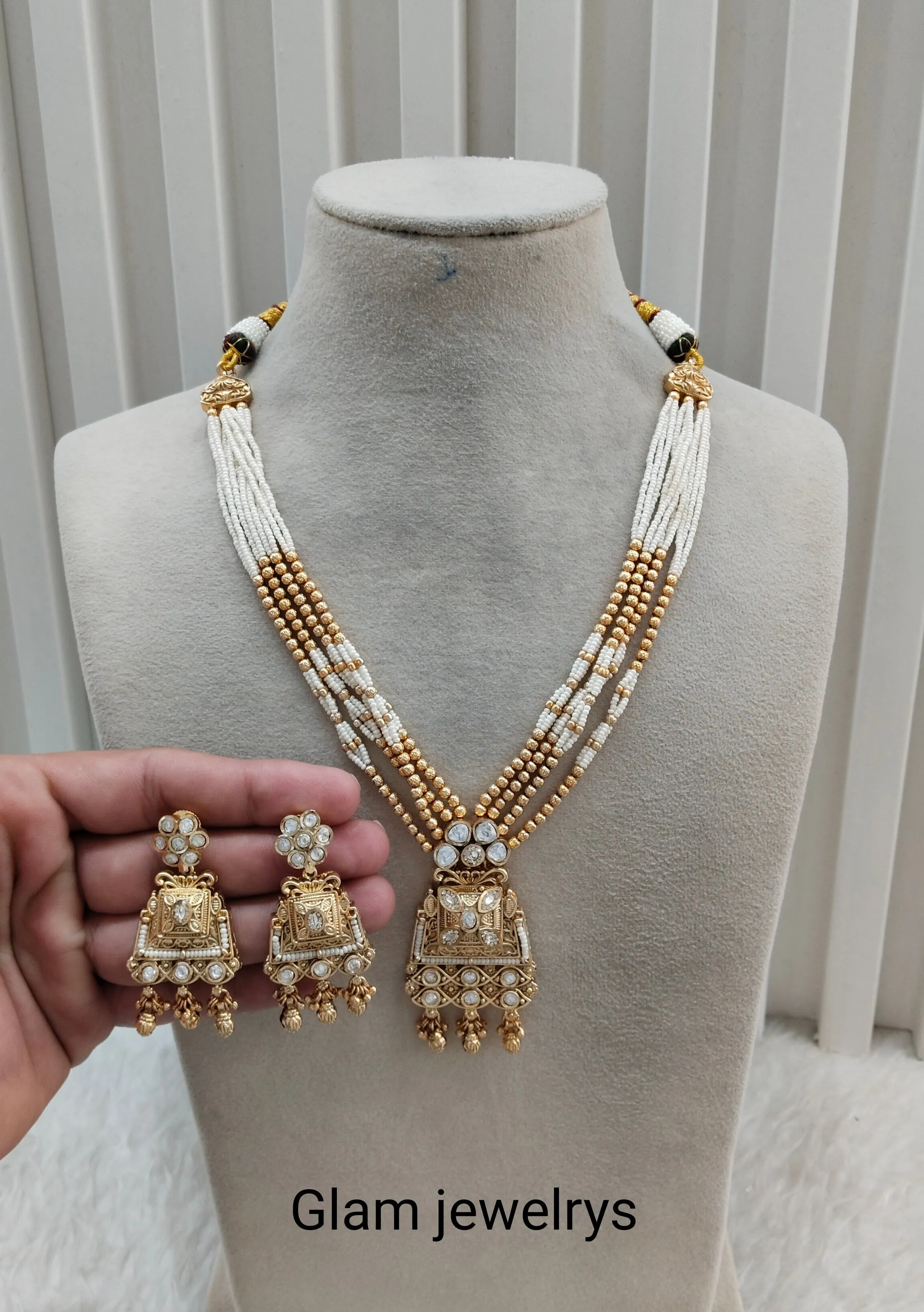 Gold Polki Long Rani Haar Necklace Indian Jewellery Inder Set