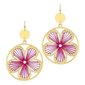 Gold with Pink Threaded Flower Earrings